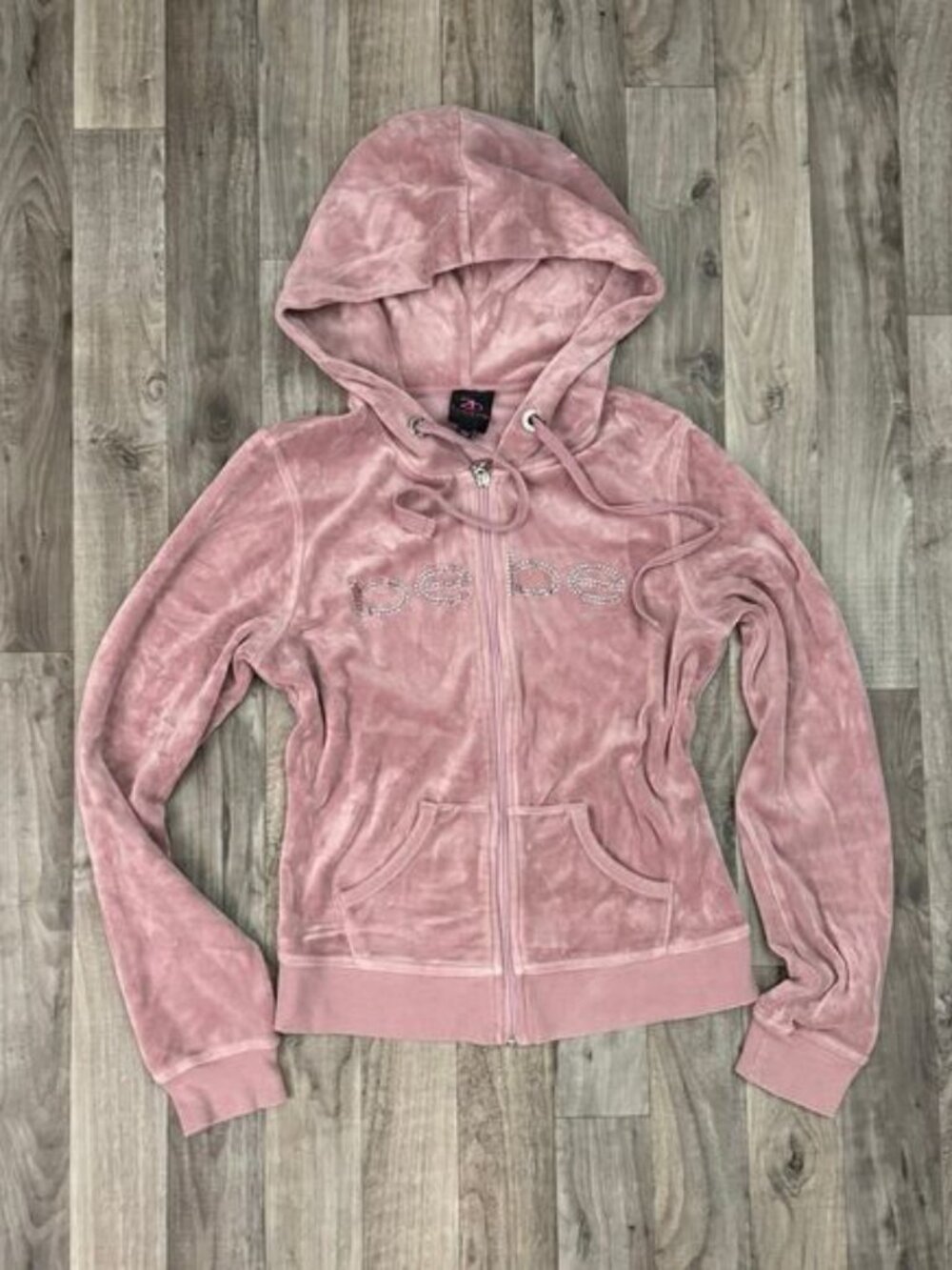 Bebe pink vintage y2k rhinestone velour hooded zip up